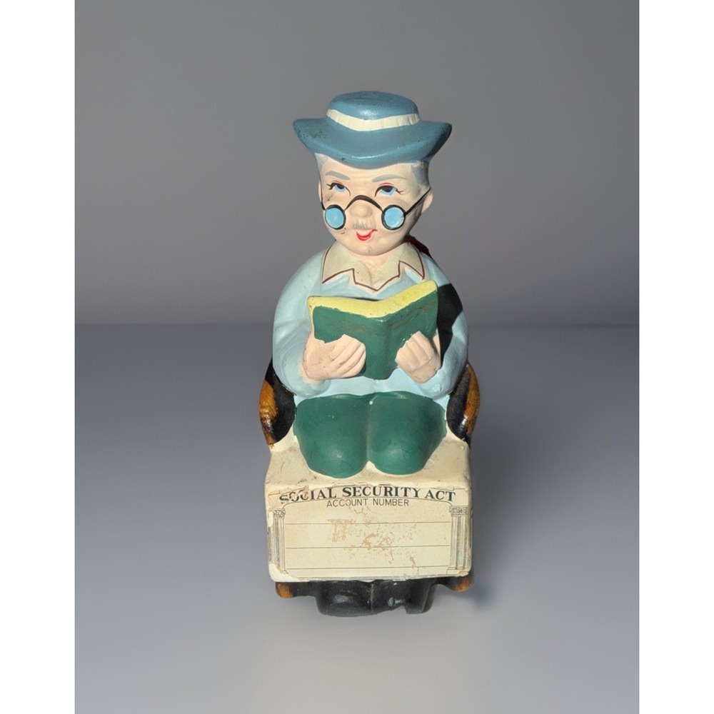 Vintage Bank Social Security Act Import Japan Ceramic Old Man Reading